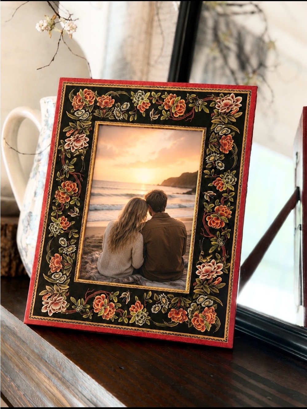 Punch Studio 8x10 Floral Decorative Photo Frame. Easel Back | Red/Black
